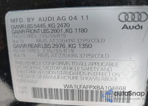 2011 Audi Q5 2.0T Premium из США, поврежденный, VIN WA1LFAFPXBA104668